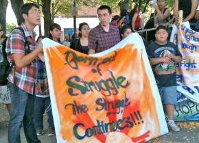 Students protest outside Social Justice High School in Chicago's Little Village-Lawndale neighborhood
